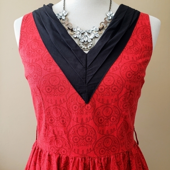 Modcloth Folter Sugar Skull Red Pin Up Sleeveless Fit Flare Dress Day of Dead S - Picture 3 of 8